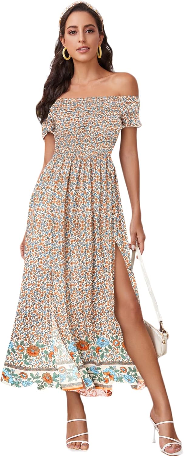 Floerns Women's Boho Floral Print Off Shoulder Split Long A Line Dress