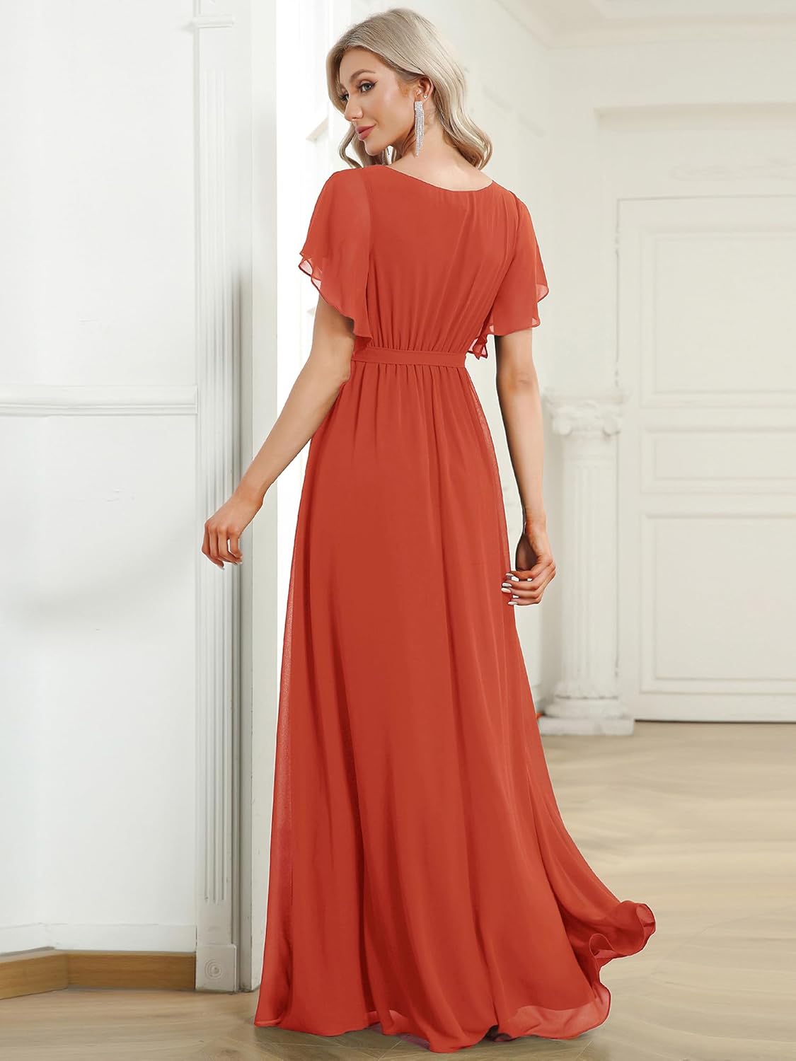 Ever-Pretty Women's Bridesmaid Dress V-Neck Ruffle Sleeves Ruched Bust Floor Length Chiffon Formal Dresses 0164A