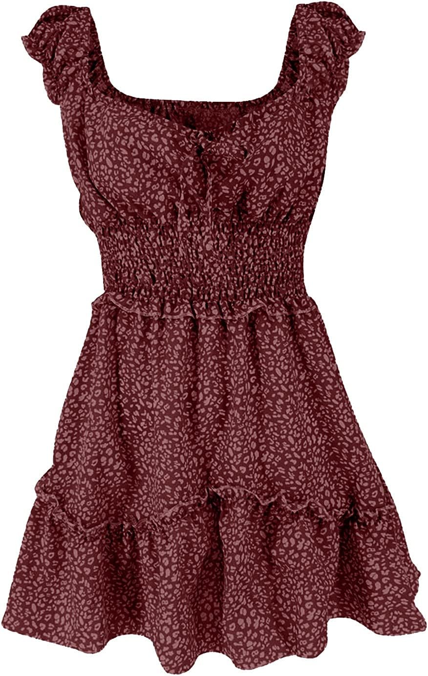 iQKA Women Short Mini Dress Summer Bohemian Floral Print Short Sleeve Square Neck Sexy Babydoll Dresses S-3XL