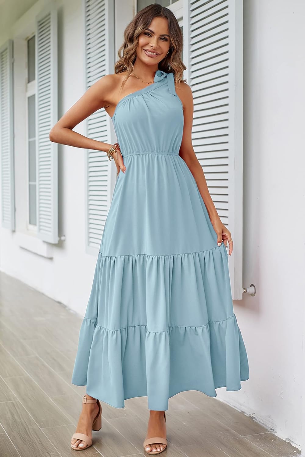 PRETTYGARDEN Women's Summer Floral Maxi Dress Knot One Shoulder Sleeveless Ruffle Flowy Boho Beach Wedding Guest Dresses