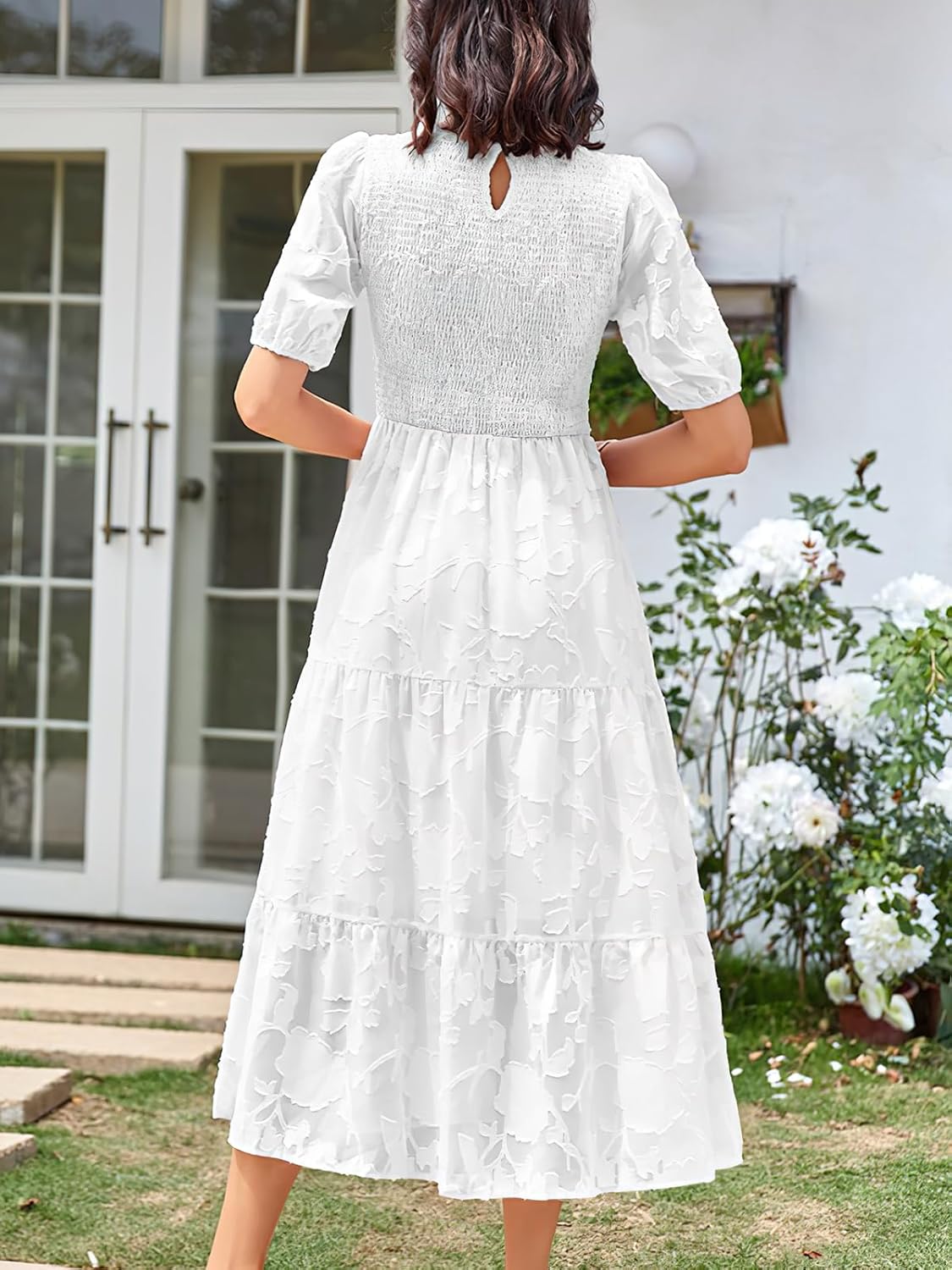 ebossy Women's Casual Smocked Lace Party Dress Puff Sleeve A-line Flowy Tiered Jacquard Midi Dress