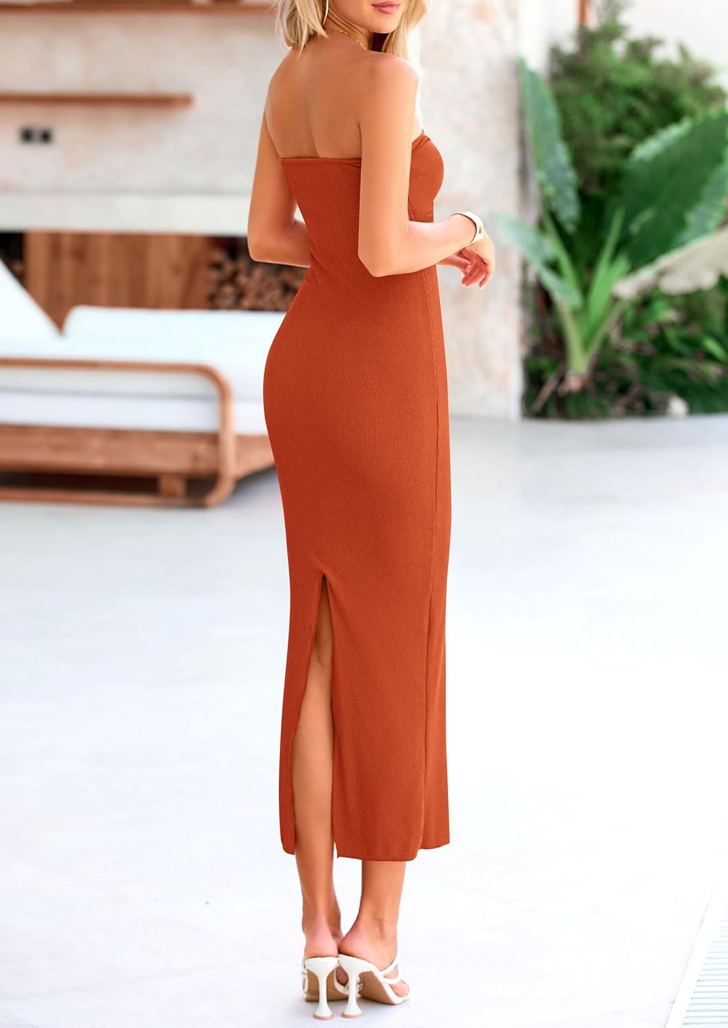 PRETTYGARDEN Women's Bodycon Long Dresses Summer Strapless Tube Twist Knot Front Ribbed Knit Maxi Cocktail Dress with Slit