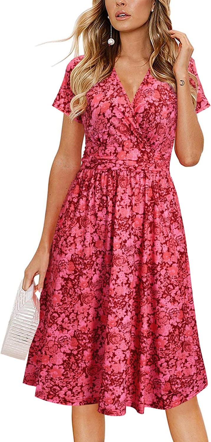 OUGES Women's Summer Short Sleeve V-Neck Floral Short Party Dress with Pockets
