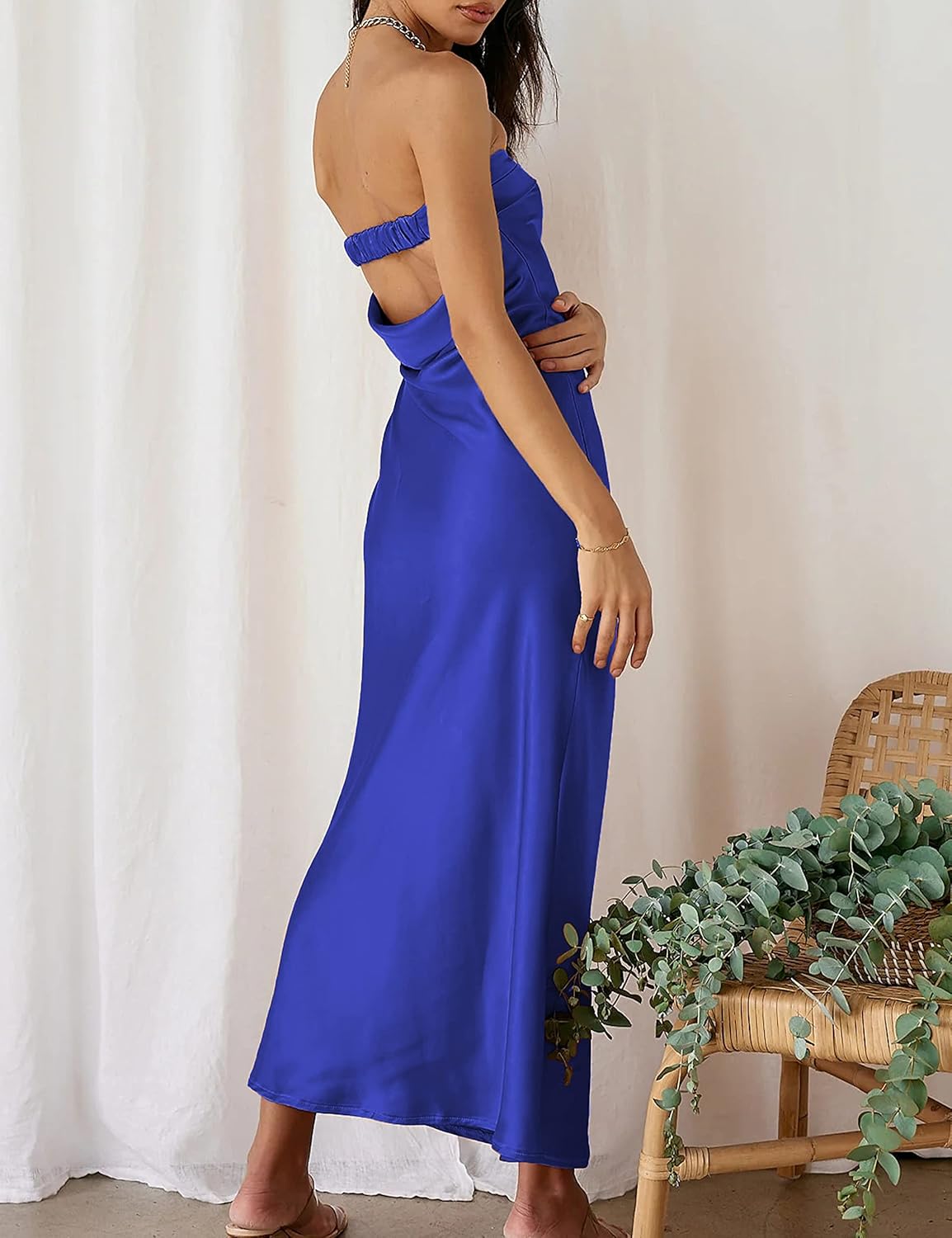 Realtix Satin Silk Backless Tube Tops Maxi Dress for Women Low Back Hollow Out Elegant Strapless Long Dresses Wedding Guest