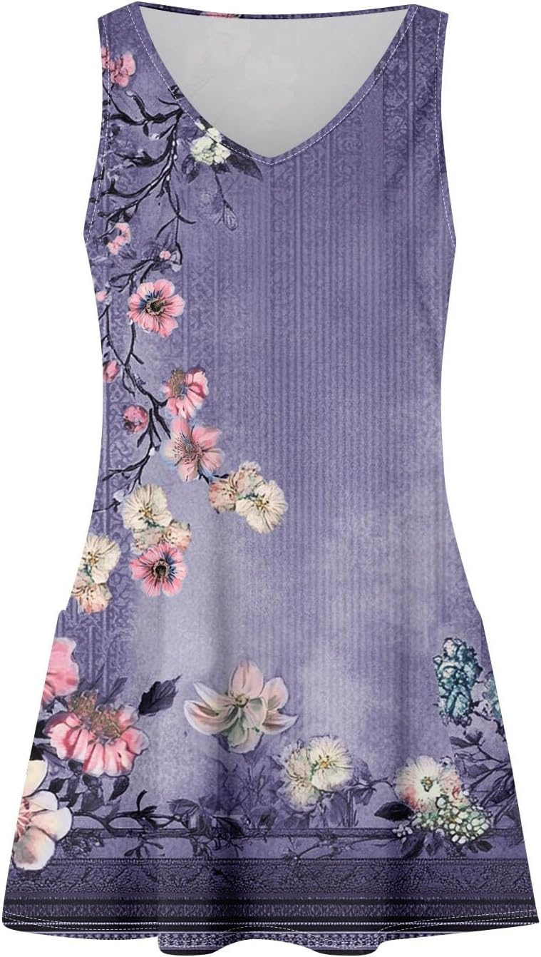 Women's Sleeveless Floral Print Summer Dress Casual V-Neck A-Line Mini Dress for Beach Party and Daily Wear