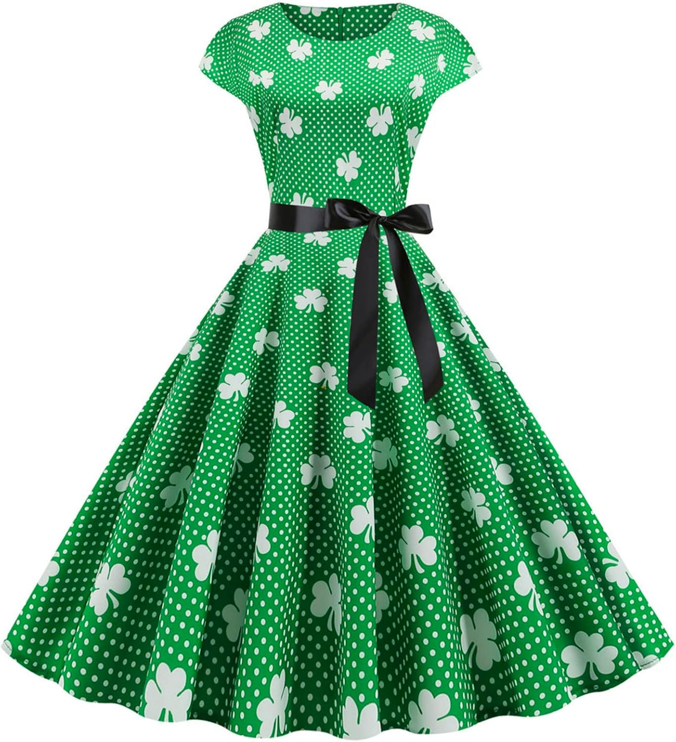 aihihe St Patricks Day Dress for Women A Line Pleated Hepburn Dress Lukcy Shamrock Print Irish Dress 2024 Vintage Dress