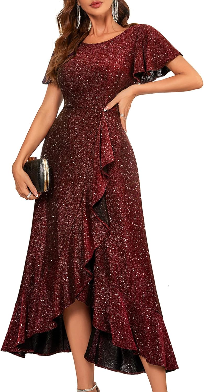 BeryLove Women Sequin Formal Party Dress Flutter Short Sleeve Wedding Cocktail Long Evening Dress