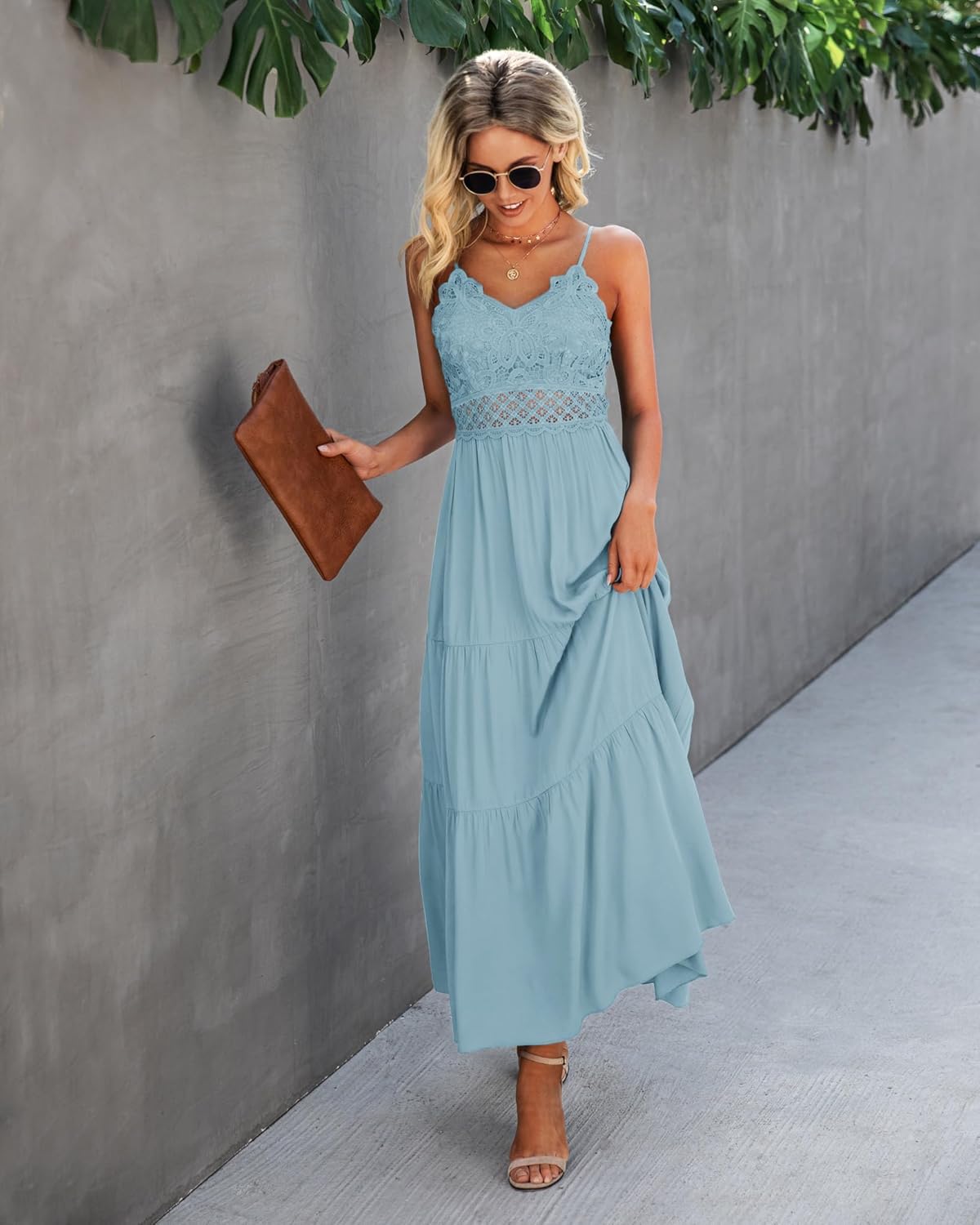 Dokuritu Women's Beach Crochet Lace Maxi Dress Solid Color Summer Vacation Spaghetti Strap Long Dress 2024
