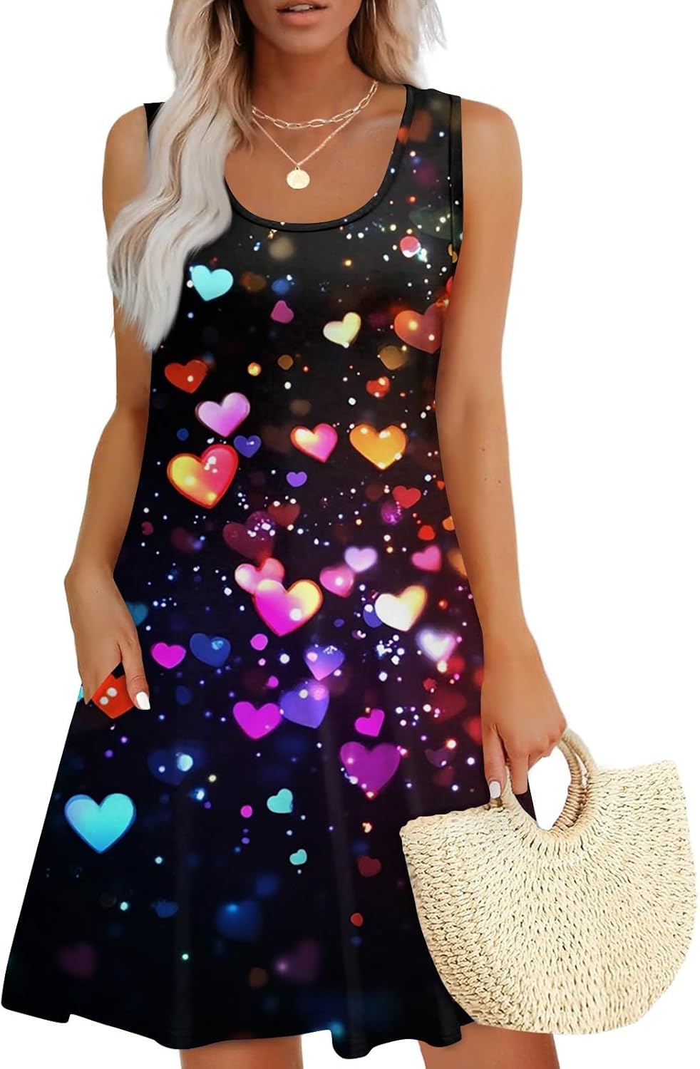 Women's Casual Sundress with Pockets Summer Boho Beach Dress,Holiday Hresses for Woment-Shirts Dress U Neck Loose Tank
