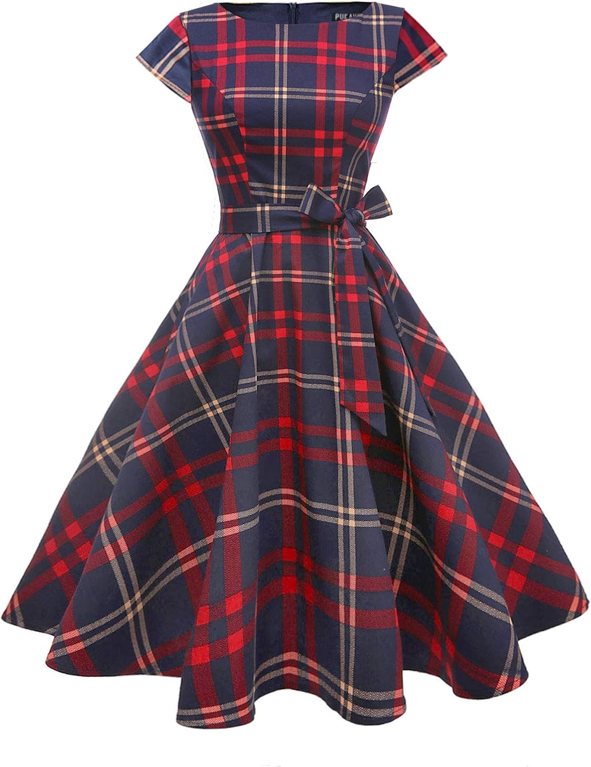 PUKAVT Women's 1950 Boatneck Cap Sleeve Vintage Swing Cocktail Party Dress with Pockets