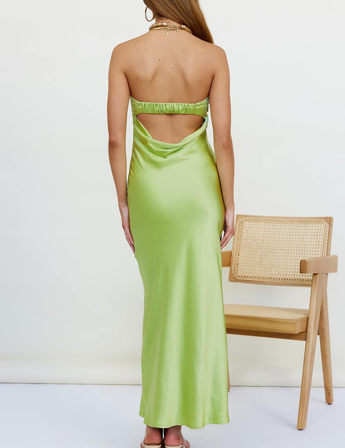 Realtix Satin Silk Backless Tube Tops Maxi Dress for Women Low Back Hollow Out Elegant Strapless Long Dresses Wedding Guest