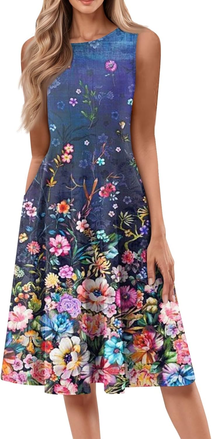 Womens Tank Sundress 2025 Casual Floral Print Tshirt Dress Swing Sleeveless Midi Dress Crewneck Pleated Summer Dresses