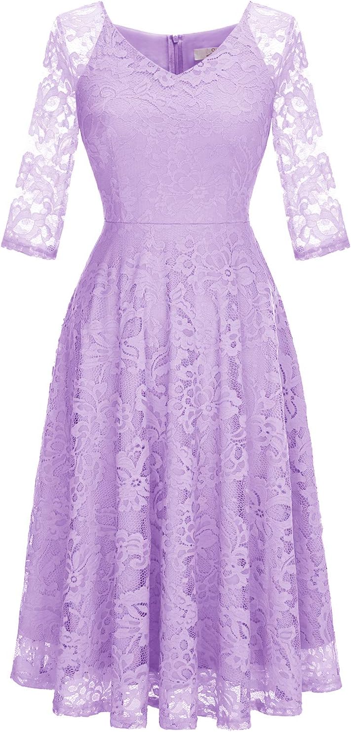 Dressystar Womens Long-Sleeve Wedding Guest Dress A-Line Lace Formal Party Cocktail Midi Dress Prom Gown