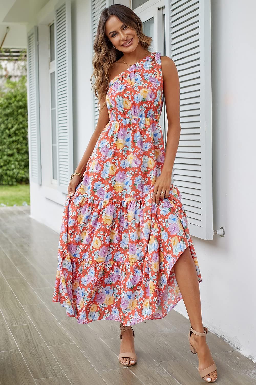 PRETTYGARDEN Women's Summer Floral Maxi Dress Knot One Shoulder Sleeveless Ruffle Flowy Boho Beach Wedding Guest Dresses