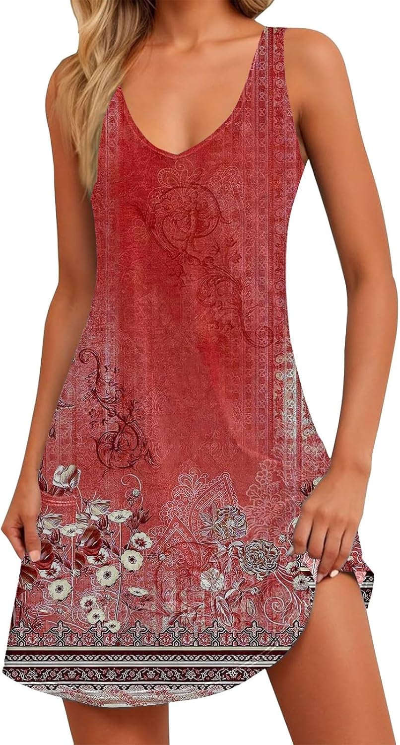 Women's Summer Dresses 2025 Beach Casual Sleeveless Floral Print Boho Tank Dress V Neck Ruffle Dresses