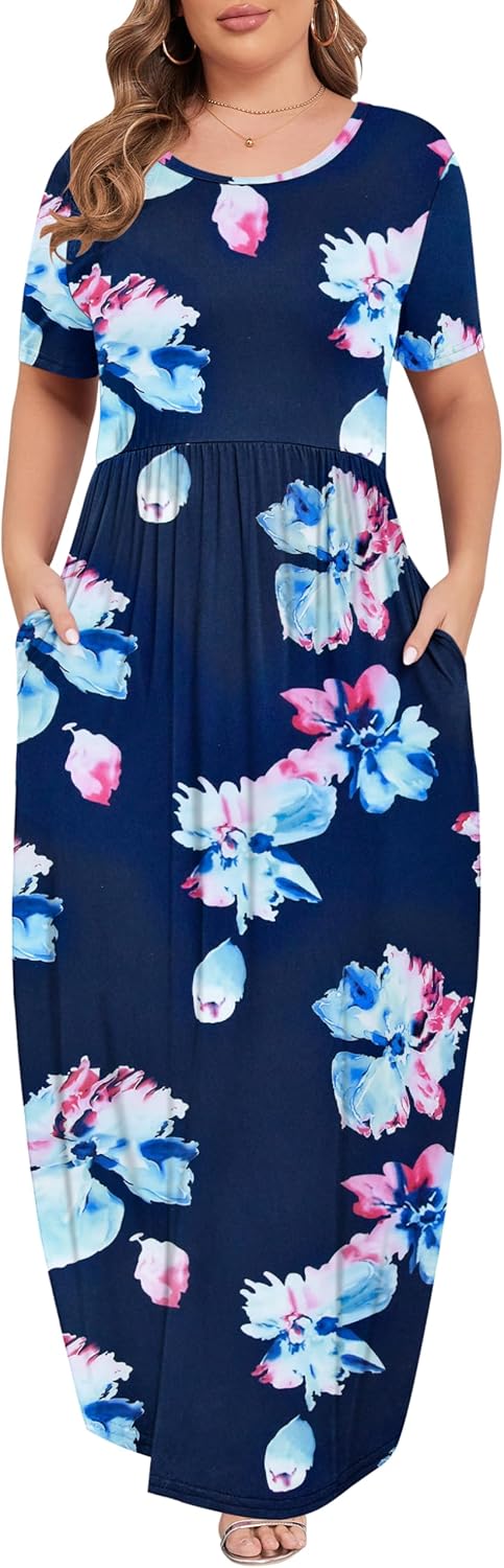 KARALIN Women’s Plus Size Maxi Dresses for Curvy Women Summer Casual Short Sleeve 2025 Long Dress 14W-26W