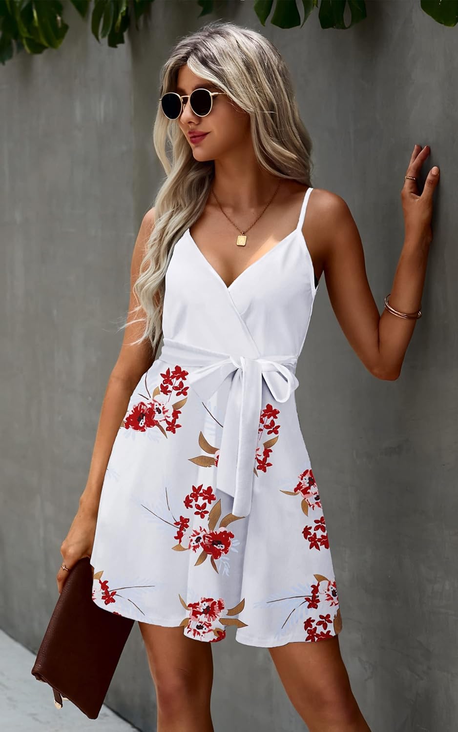 ECOWISH Summer Dresses for Women 2025 V-Neck Spaghetti Strap Bowknot Backless Sleeveless Lace Mini Swing Skater Dress