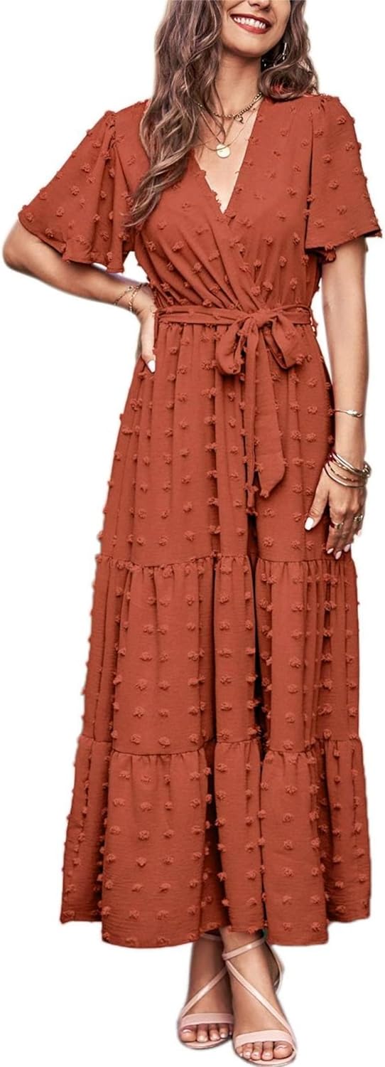 MASCOMODA Womens Boho Swiss Dot Maxi Dresses Wrap V Neck Flutter Short Sleeve Solid Tie Belt A Line Tiered Flowy Long Dress