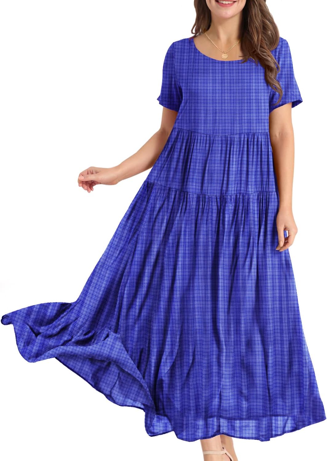 YESNO Women Casual Loose Bohemian Floral Dress with Pockets Short Sleeve Long Maxi Summer Beach Swing Dress EJF