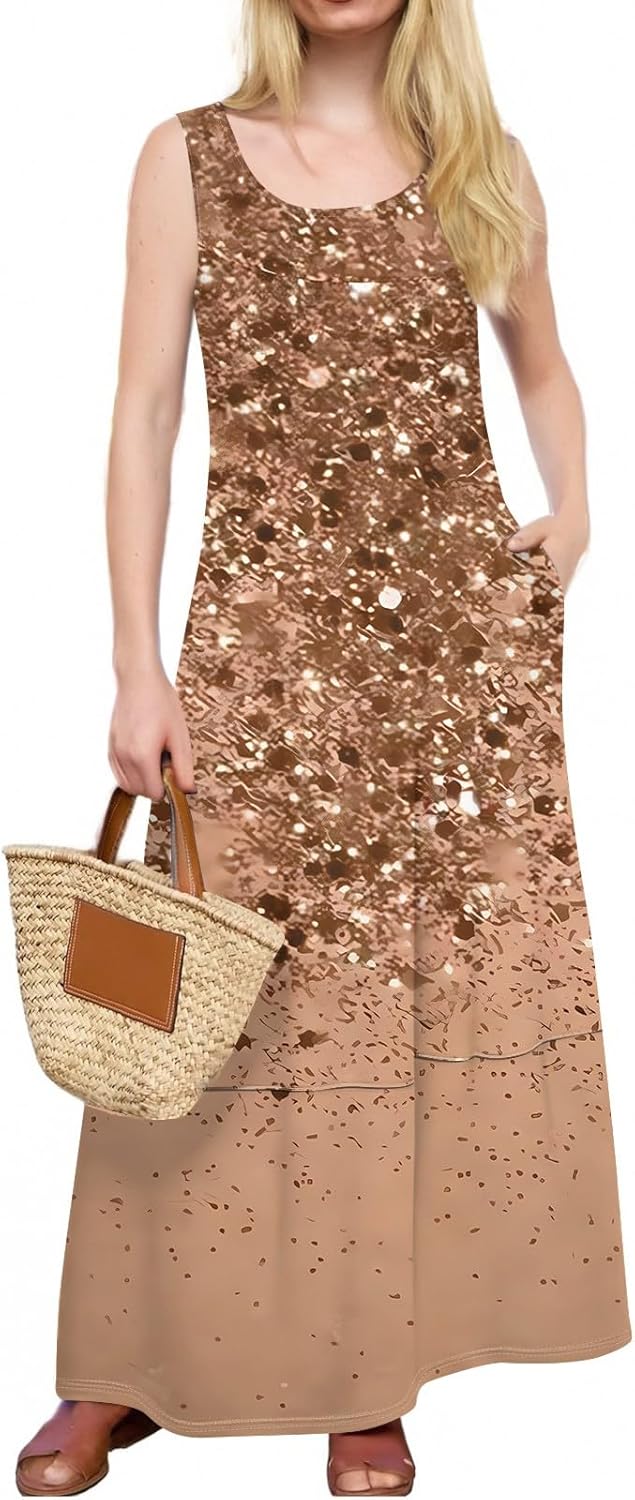 Womens Summer Tank Dress Vacation Boho Floral Long Dresses with Pockets Resort Wear Swing Beach Sleeveless Sundress