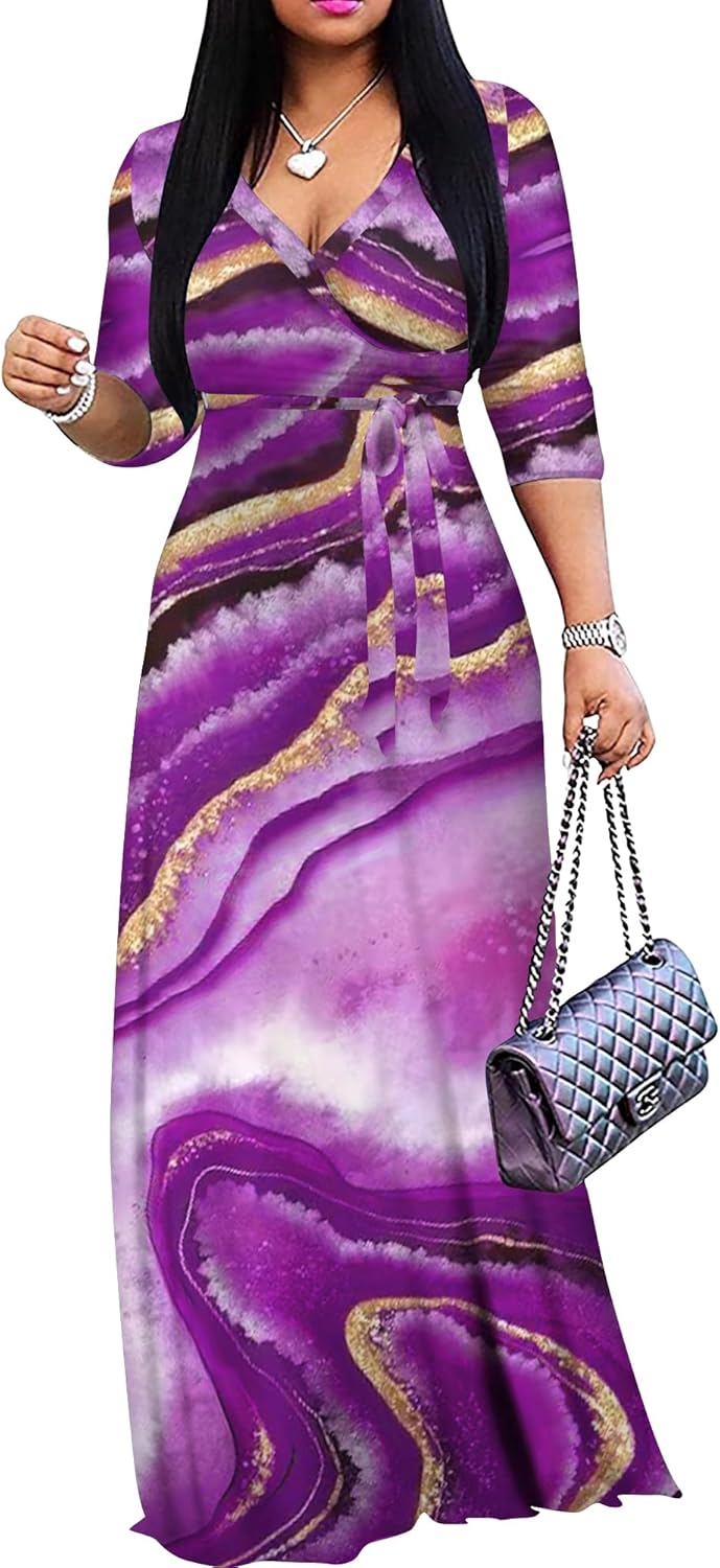 FANDEE Plus Size Maxi Dress for Women Casual Summer Sundress V-Neck 3/4 Sleeve