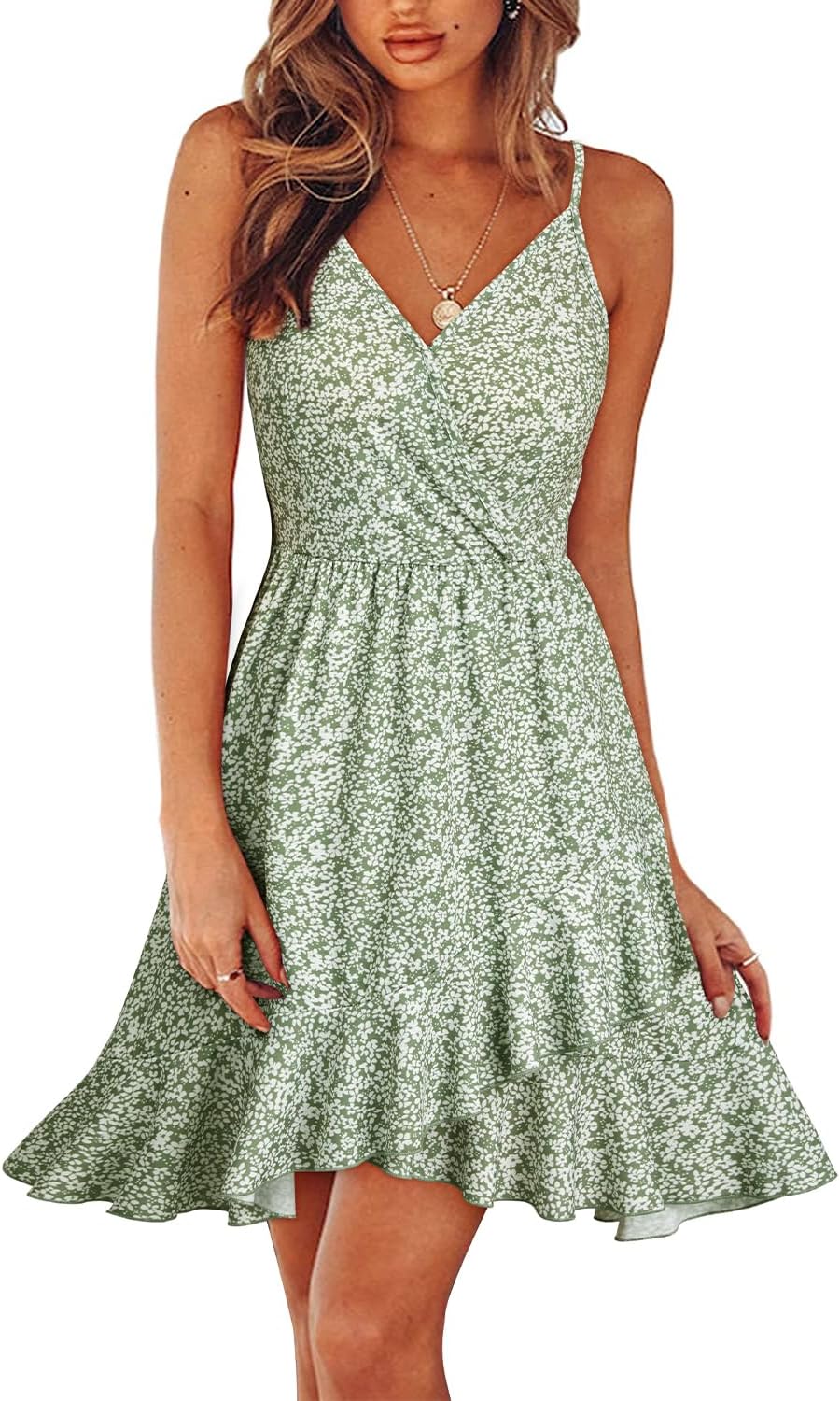 ULTRANICE Womens Summer Dresses Floral V Neck Ruffled Hem Spaghetti Spring Casual Beach Outfits Flowy Wrap Sun Dress