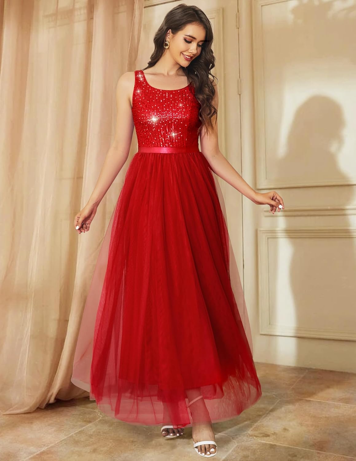 BeryLove Sequin Dress for Woman Vintage A Line Wedding Formal Swing Mesh Dress Sleeveless Cocktail Maxi Gowns