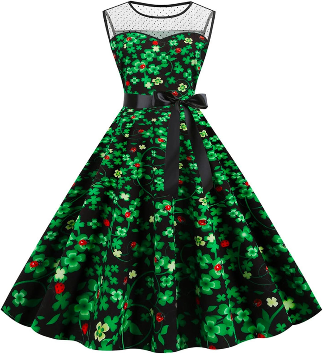 aihihe St Patricks Day Dress for Women A Line Pleated Hepburn Dress Lukcy Shamrock Print Irish Dress 2024 Vintage Dress