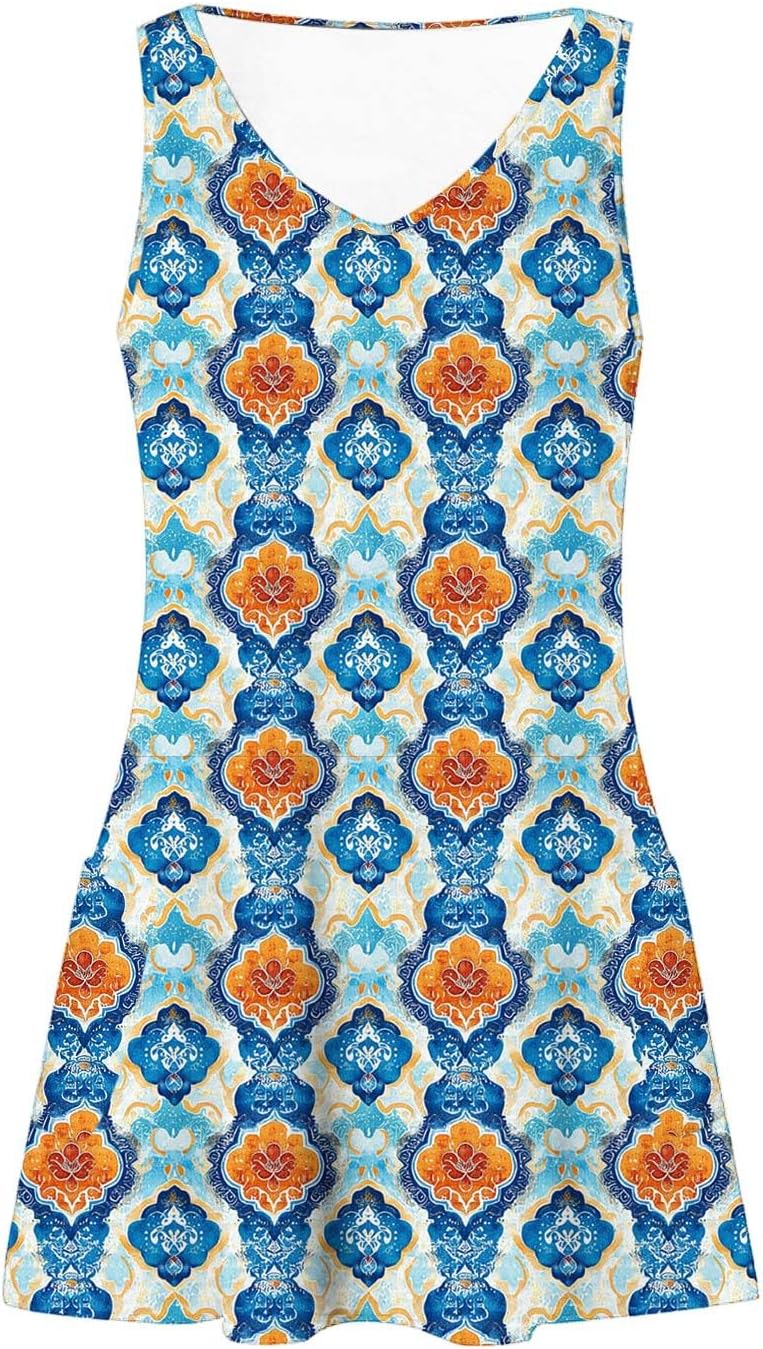 Womens 2025 Spring Summer Dresses Casual Floral Print V-Neck Tank Dress Curve Hem Pleated A-Line Sundresses