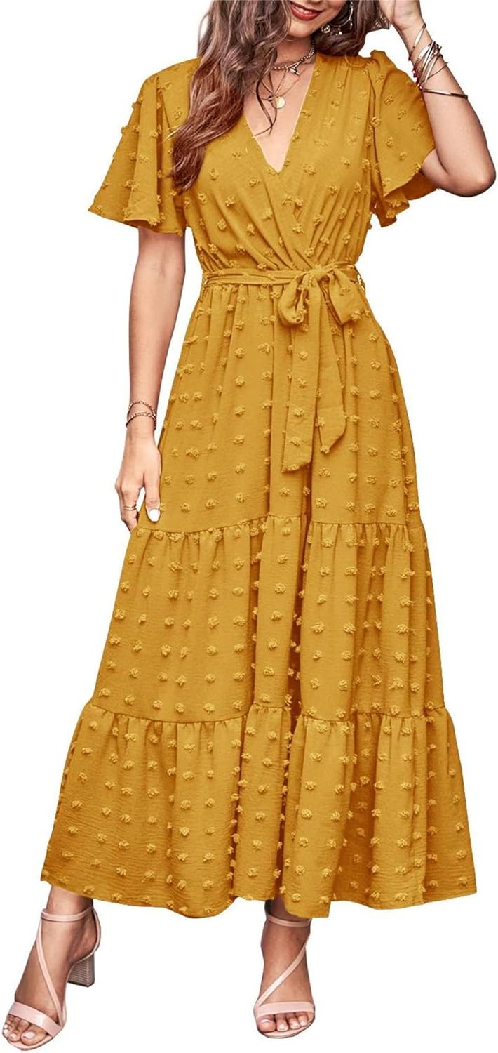 MASCOMODA Womens Boho Swiss Dot Maxi Dresses Wrap V Neck Flutter Short Sleeve Solid Tie Belt A Line Tiered Flowy Long Dress