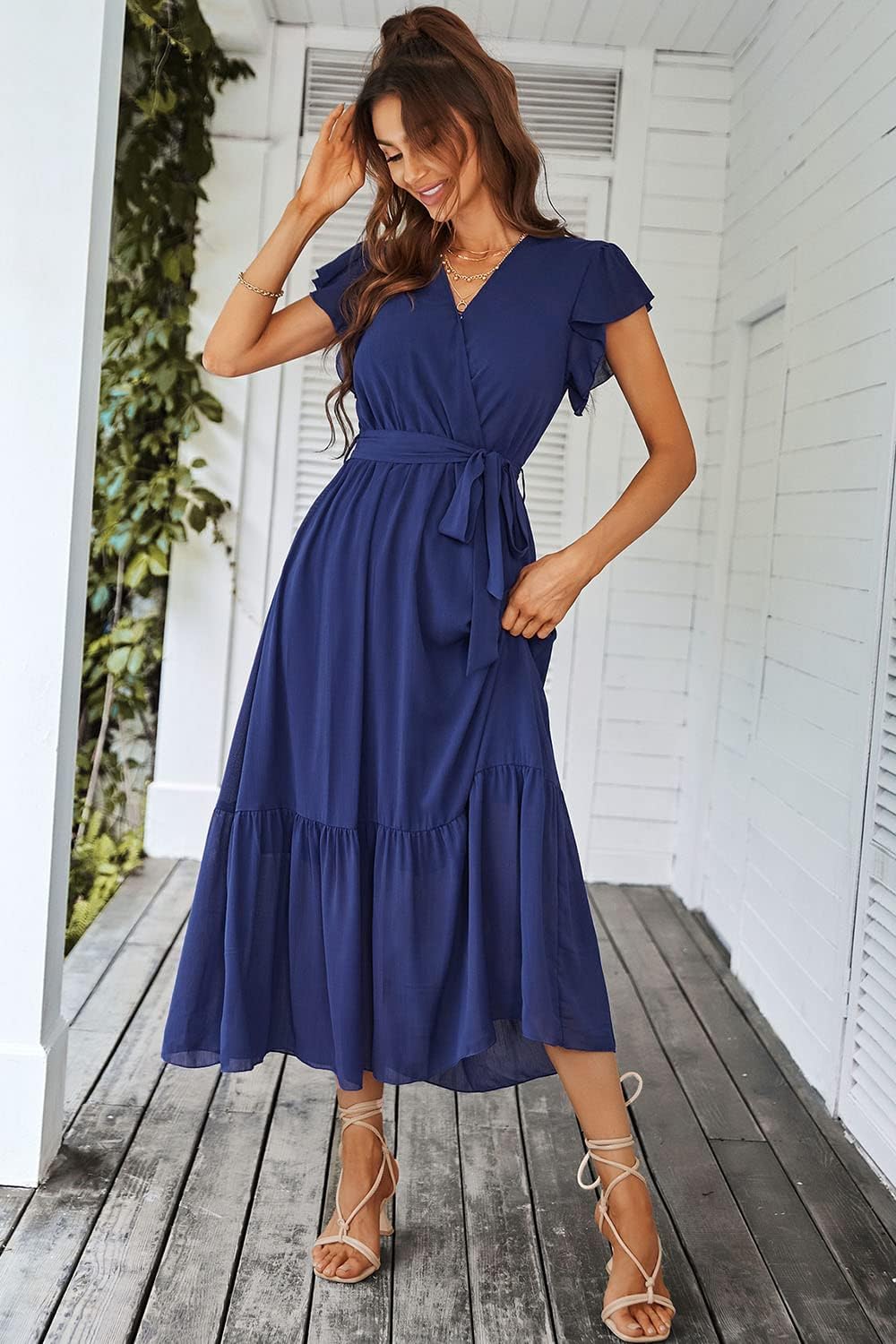 PRETTYGARDEN Women's Summer Floral Boho Dress Wrap V Neck Short Sleeve Ruffle A-Line Flowy Maxi Wedding Guest Dresses