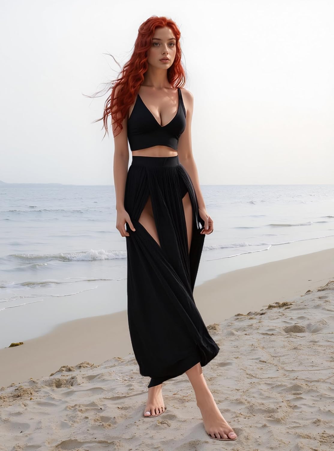 Women Sexy 2 Piece Outfits Dress Chiffon Strap Deep V Neck Bra Crop Top High Split Maxi Dresses Skirt Set