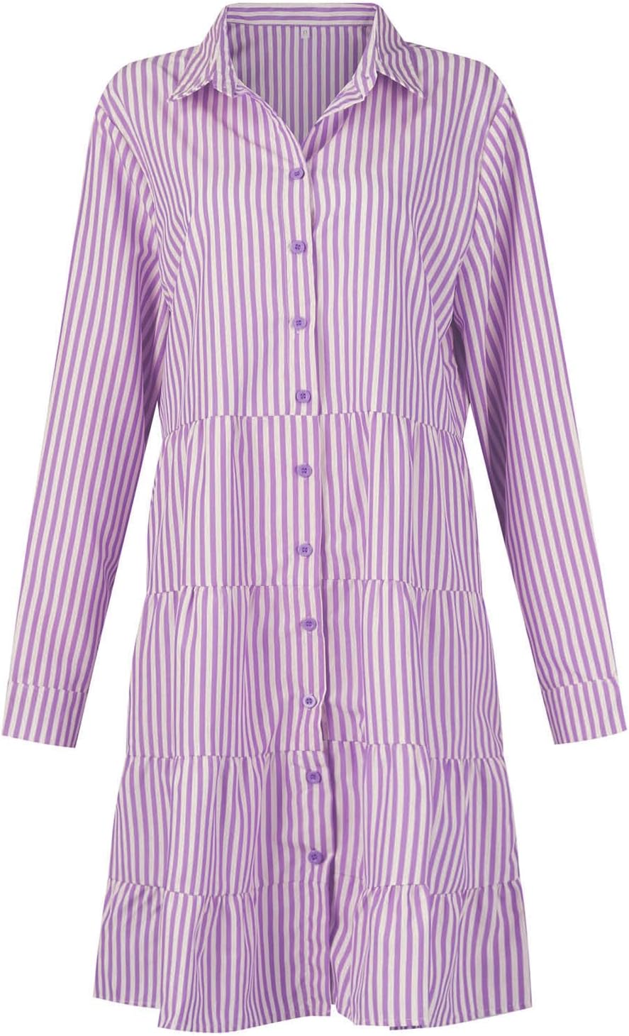 Button Down Dress for Women Summer Casual Striped Long Sleeve V Neck Lapel Dresses Loose Ruched Party Midi Dress 2025
