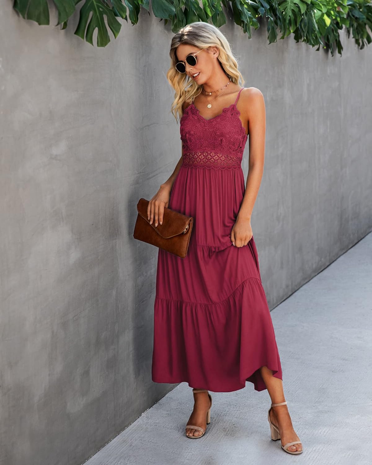 Dokuritu Women's Beach Crochet Lace Maxi Dress Solid Color Summer Vacation Spaghetti Strap Long Dress 2024