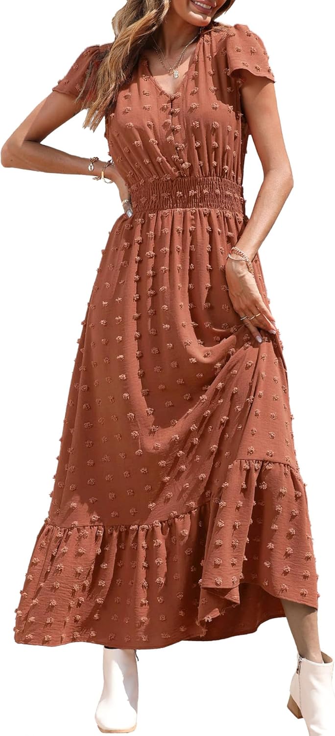 PRETTYGARDEN Womens Dresses 2025 Summer Maxi Dress Boho Short Sleeve V Neck Swiss Dot Ruffle Tiered Smocked Flowy Long Dress