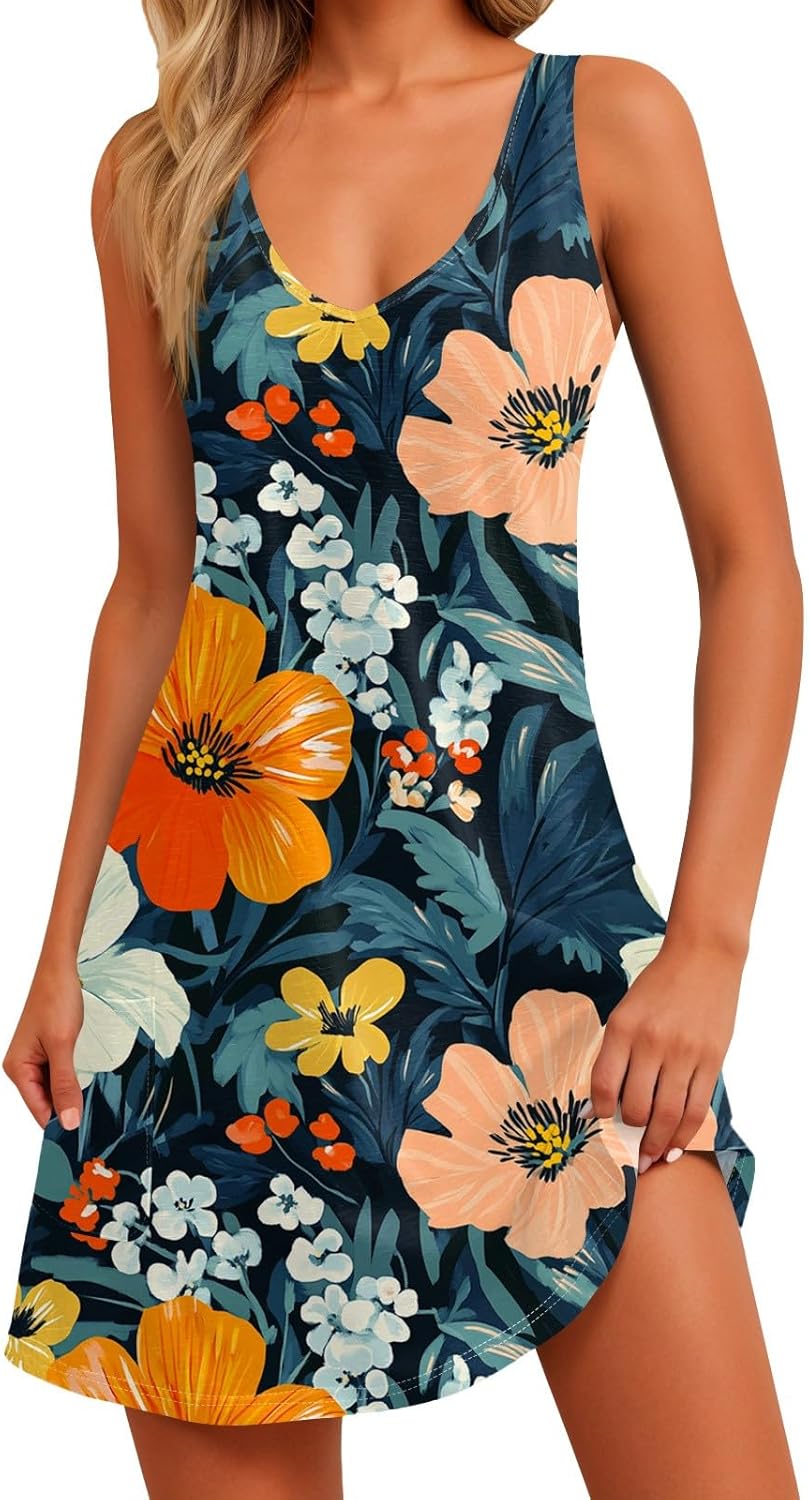 NBXNZWF Women Summer Casual Dress 2025 Casual Loose Sleeveless V-Neck Sundresses A Line Tshirt Beach Dresses with Pockets