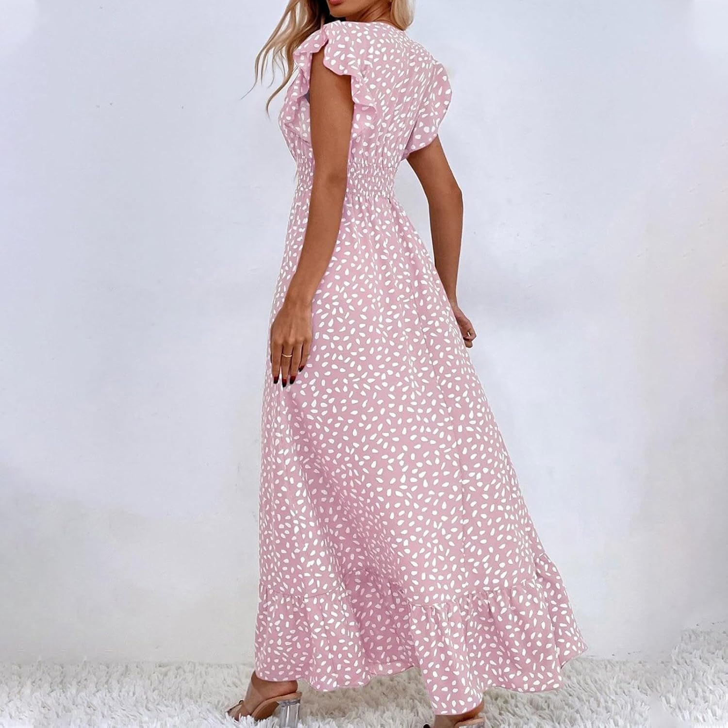 2024 Womens Summer Dresses Casual Boho Floral Ruffle Sleeve Midi Dresses Trendy Tie Waist V-Neck Sundress Beach Dress