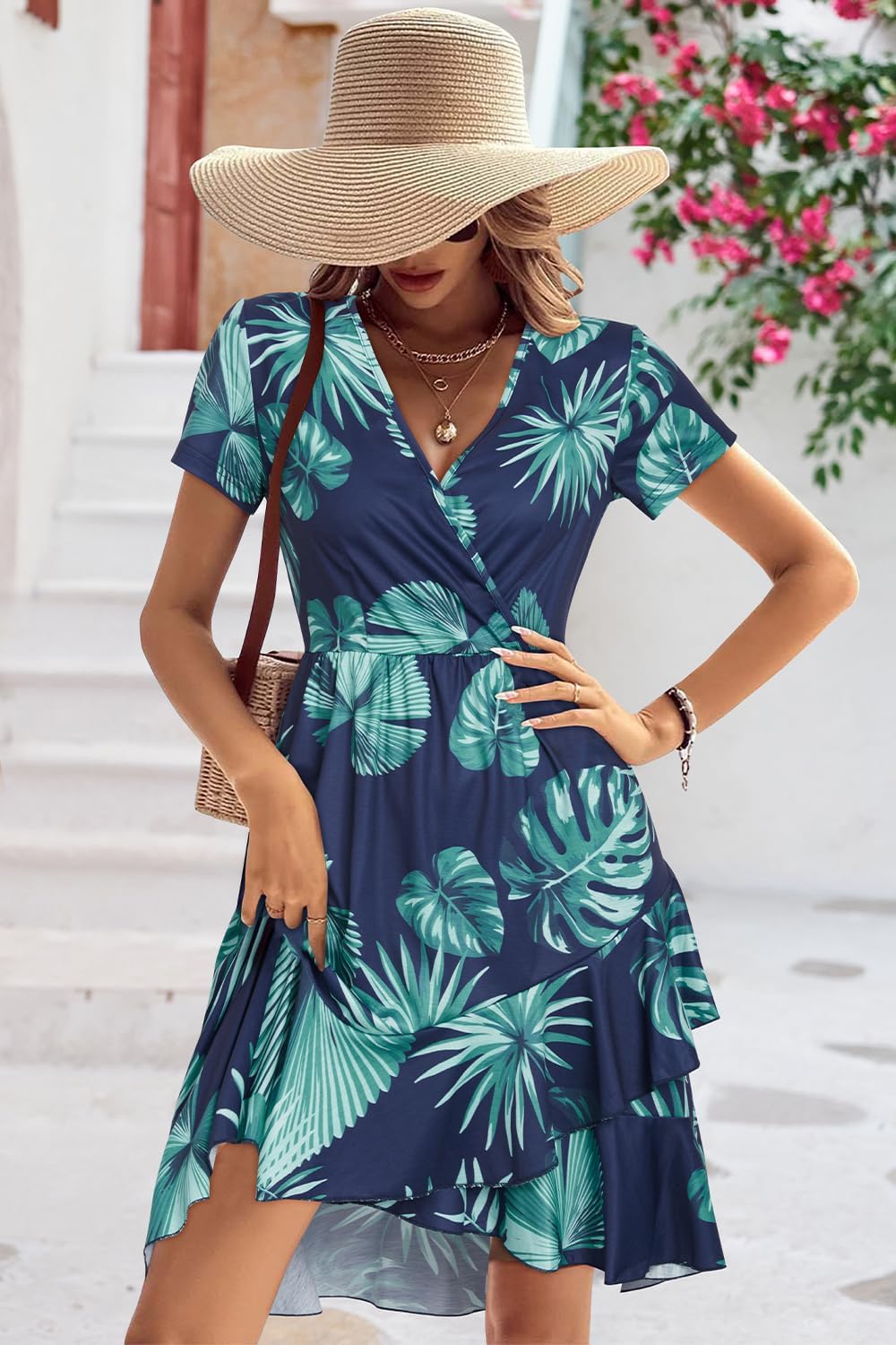ULTRANICE Womens Summer Dresses Floral V Neck Ruffled Hem Spaghetti Spring Casual Beach Outfits Flowy Wrap Sun Dress