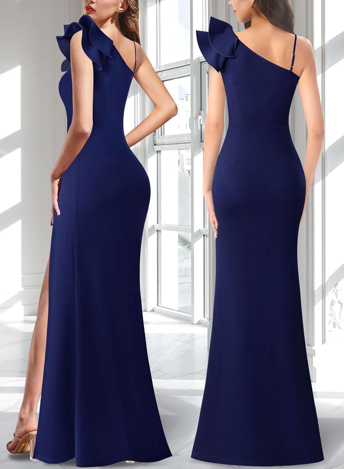 VFSHOW Womens Ruffle One Shoulder Strap Ruched Formal Prom Wedding Maxi Dress V Neck Elegant Split Cocktail Evening Long Gown