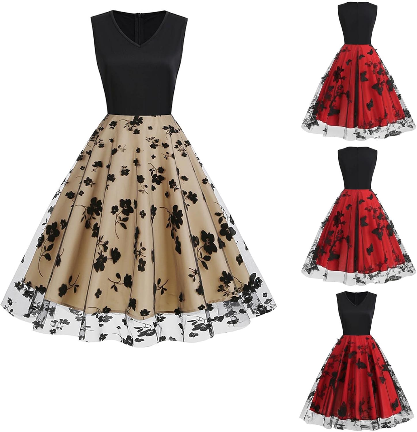 HGps8w Vintage Cocktail Dress for Women, Elegant Butterfly Embroidered Lace V Neck Sleeveless A-Line Party Swing Dresses
