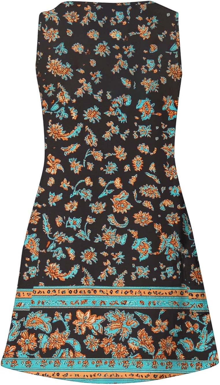 Womens 2025 Spring Summer Dresses Casual Floral Print V-Neck Tank Dress Curve Hem Pleated A-Line Sundresses