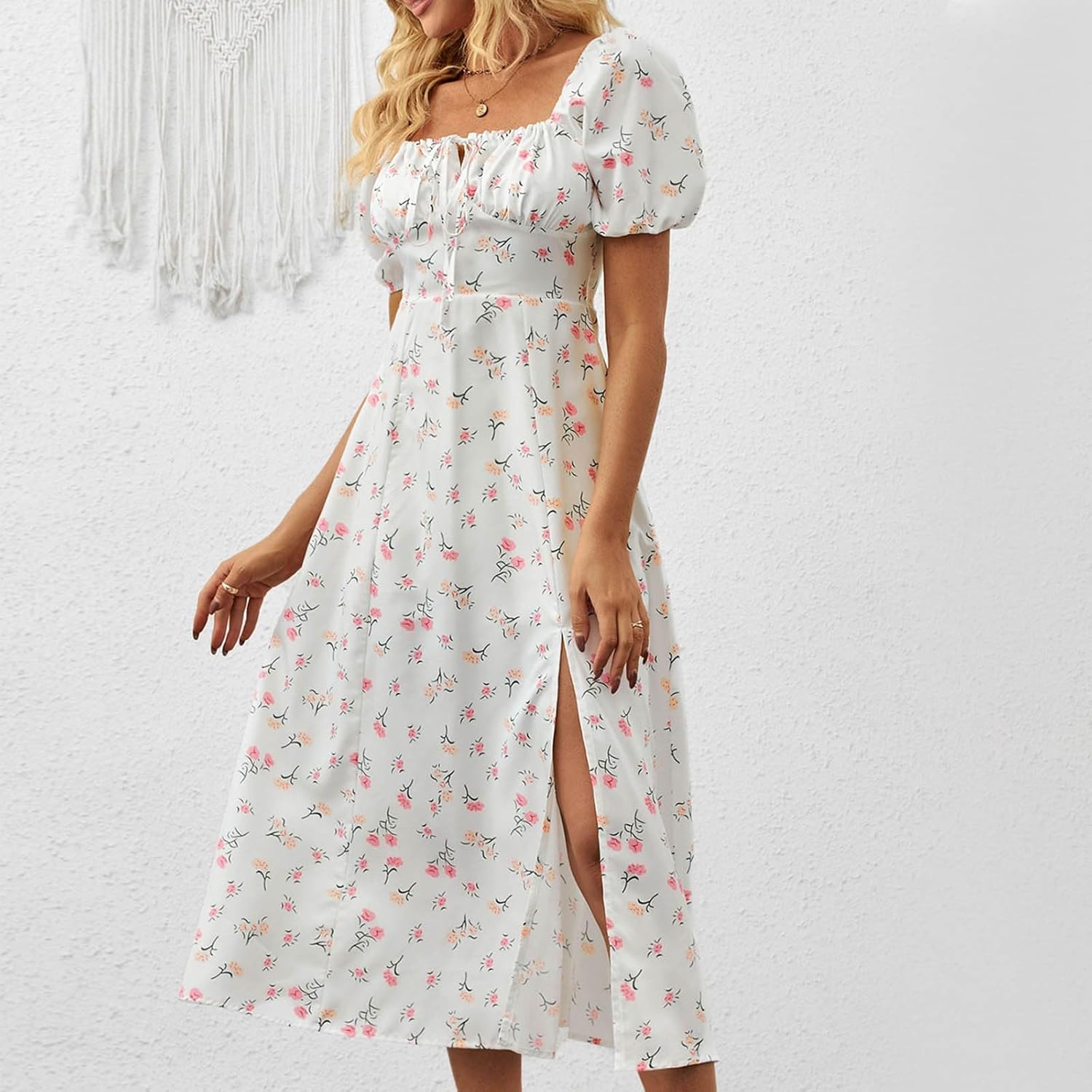 Women's Sundresses 2025 Summer Casual Loose Trendy Bubble Sleeve Square Neck Split Bow Floral Print Dress Plus Size, XS-3XL
