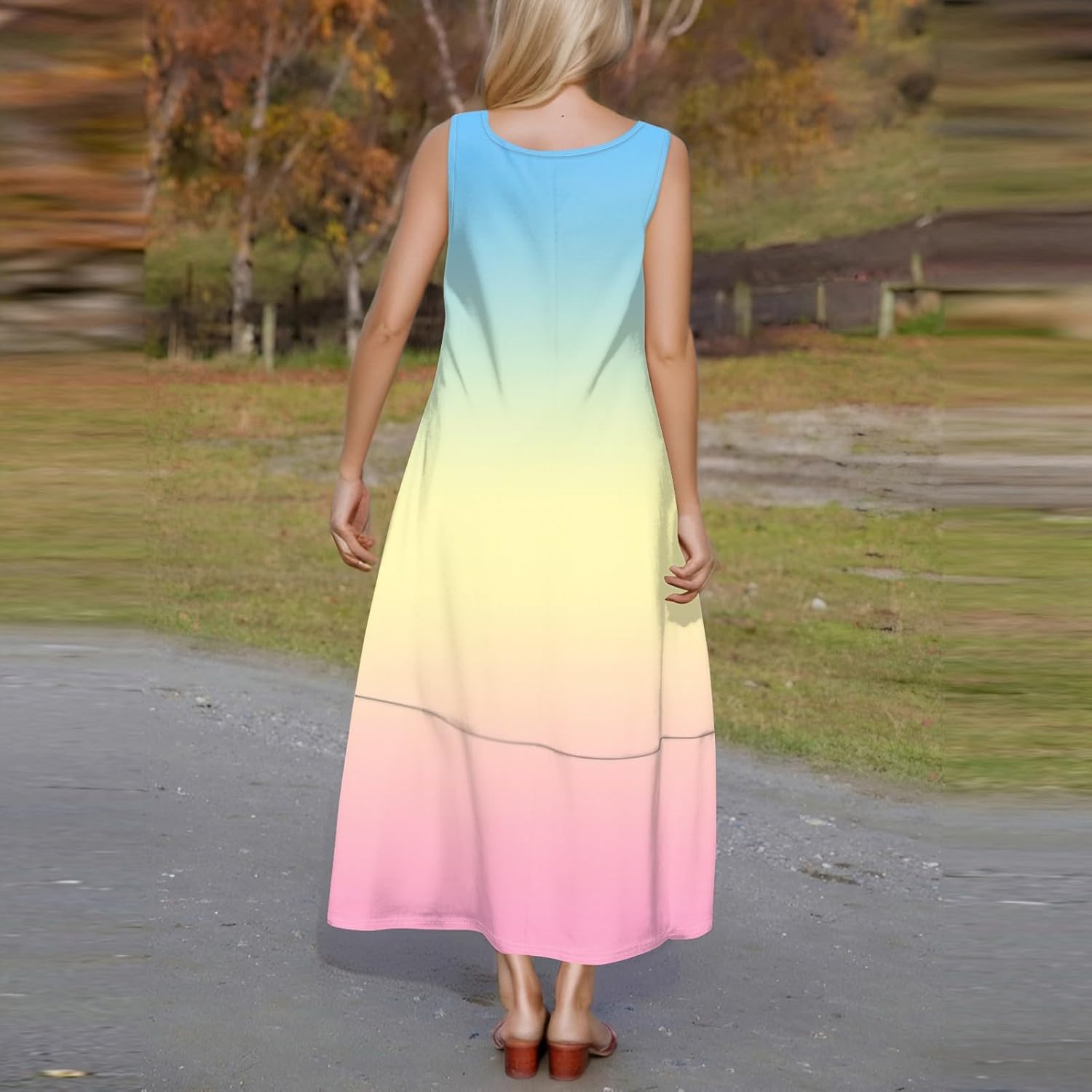Womens Summer Tank Dress Vacation Boho Floral Long Dresses with Pockets Resort Wear Swing Beach Sleeveless Sundress