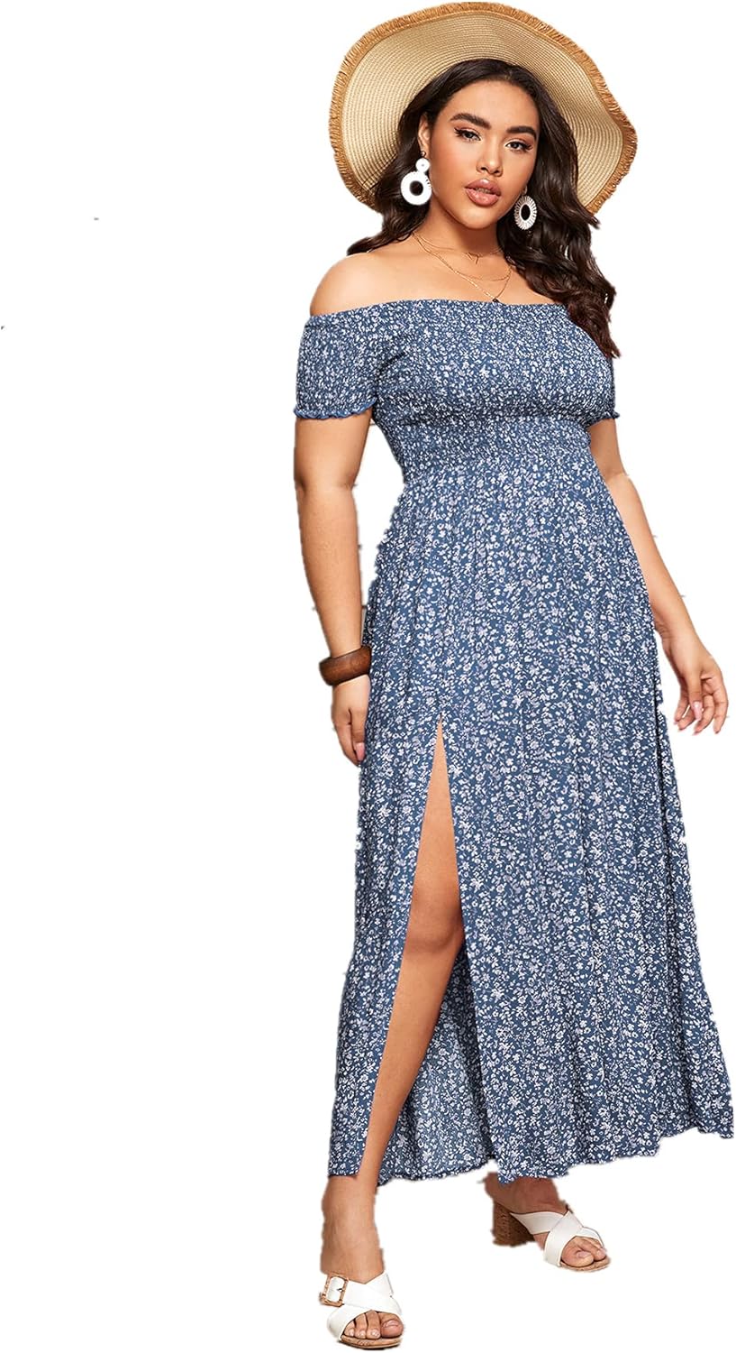 Floerns Women's Boho Floral Print Off Shoulder Split Long A Line Dress