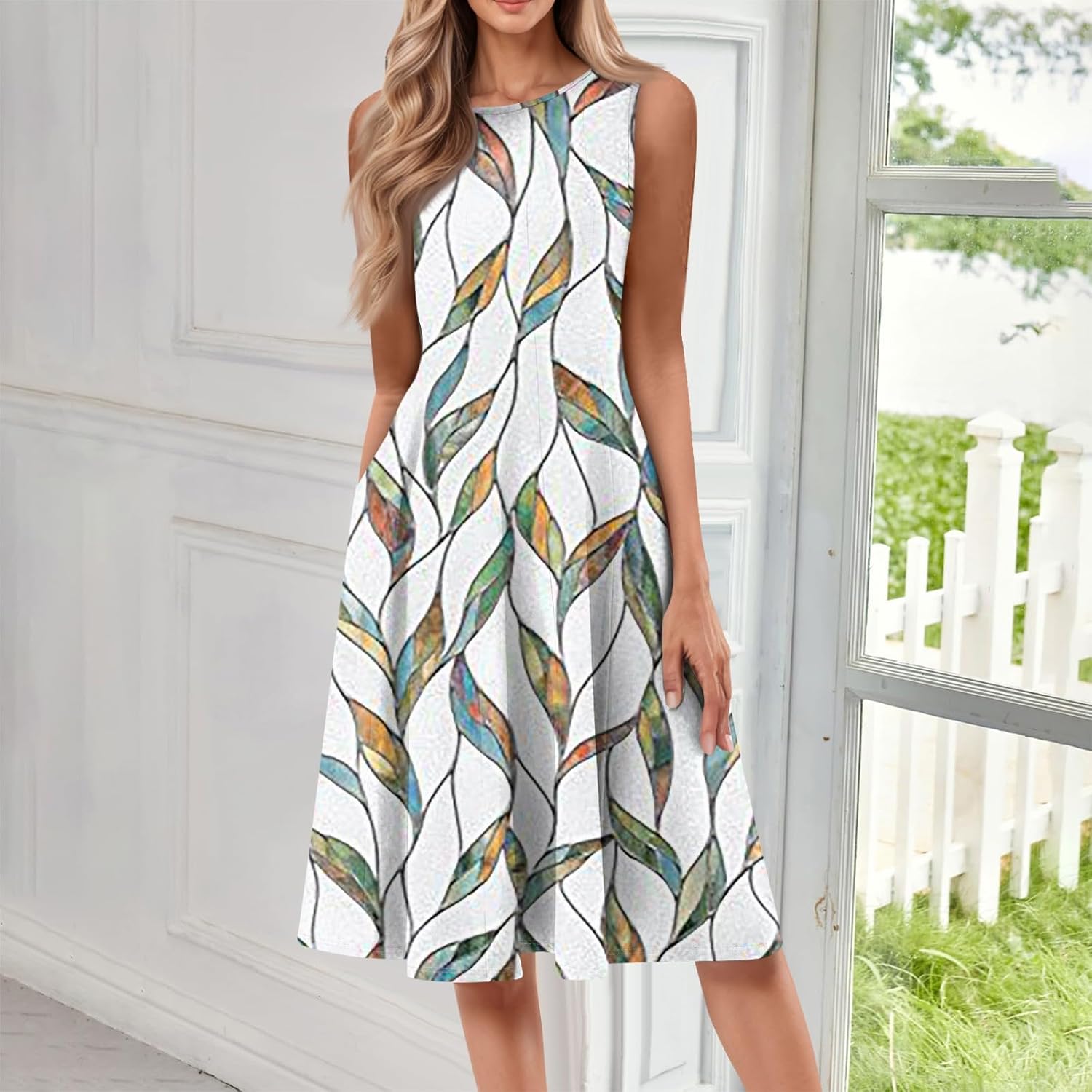 Womens Tank Sundress 2025 Casual Floral Print Tshirt Dress Swing Sleeveless Midi Dress Crewneck Pleated Summer Dresses
