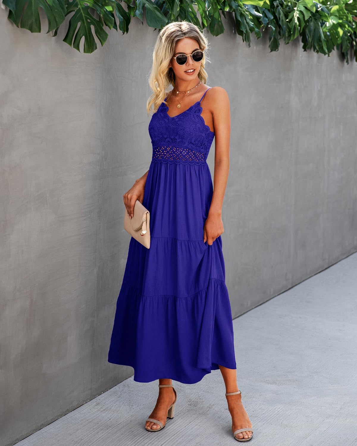 Dokuritu Women's Beach Crochet Lace Maxi Dress Solid Color Summer Vacation Spaghetti Strap Long Dress 2024