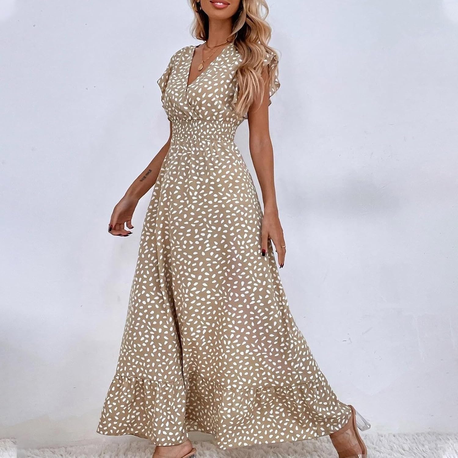 2024 Womens Summer Dresses Casual Boho Floral Ruffle Sleeve Midi Dresses Trendy Tie Waist V-Neck Sundress Beach Dress