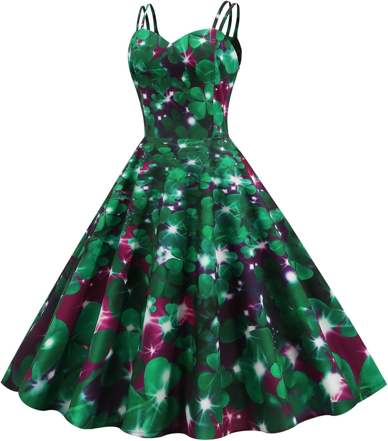 aihihe St Patricks Day Dress for Women A Line Pleated Hepburn Dress Lukcy Shamrock Print Irish Dress 2024 Vintage Dress