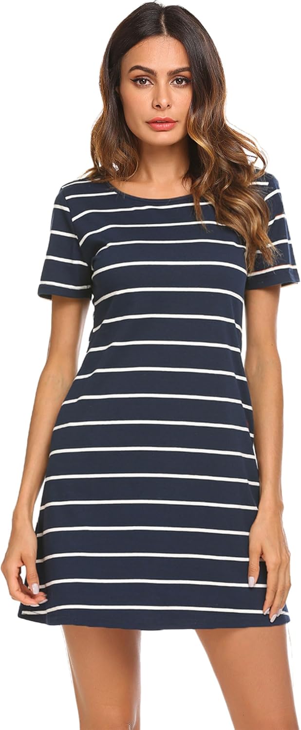 Feager Women's Casual Striped Criss Cross Short Sleeve T Shirt Dress