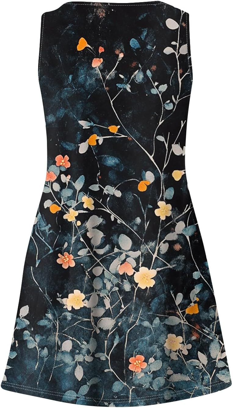 Women's Sleeveless Floral Print Summer Dress Casual V-Neck A-Line Mini Dress for Beach Party and Daily Wear